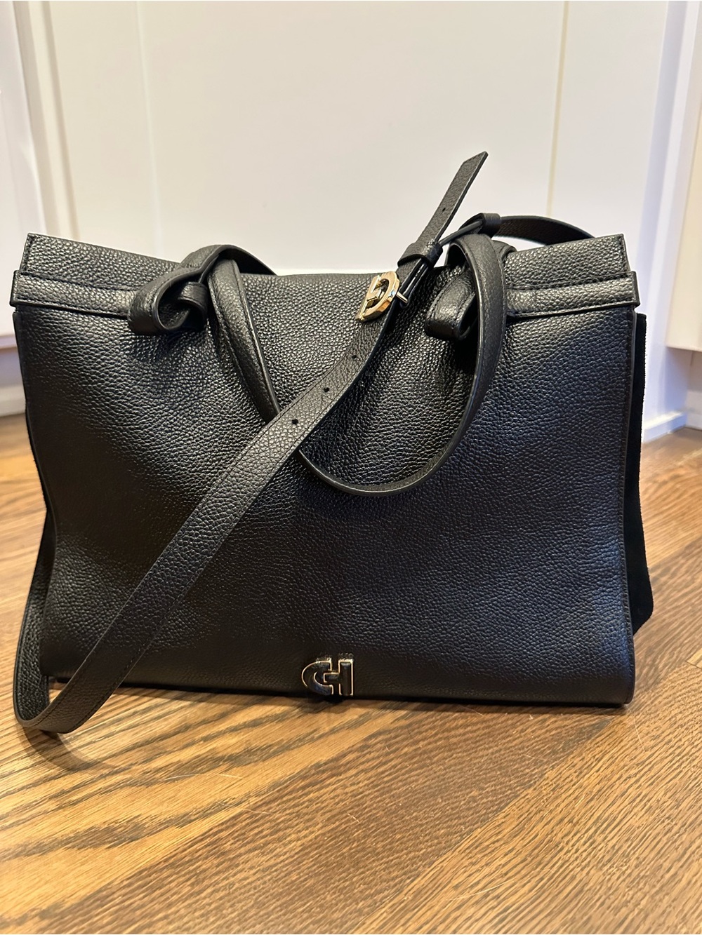 Cole Haan Black Pebbled Leather Top-Handle Shoulder Bag with Gold Hardware